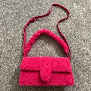 Faux Shearling Crossbody Bag in Bright Pink